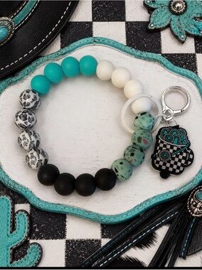 Hand Crafted Turquoise Black White Beaded Wristlet Keychain